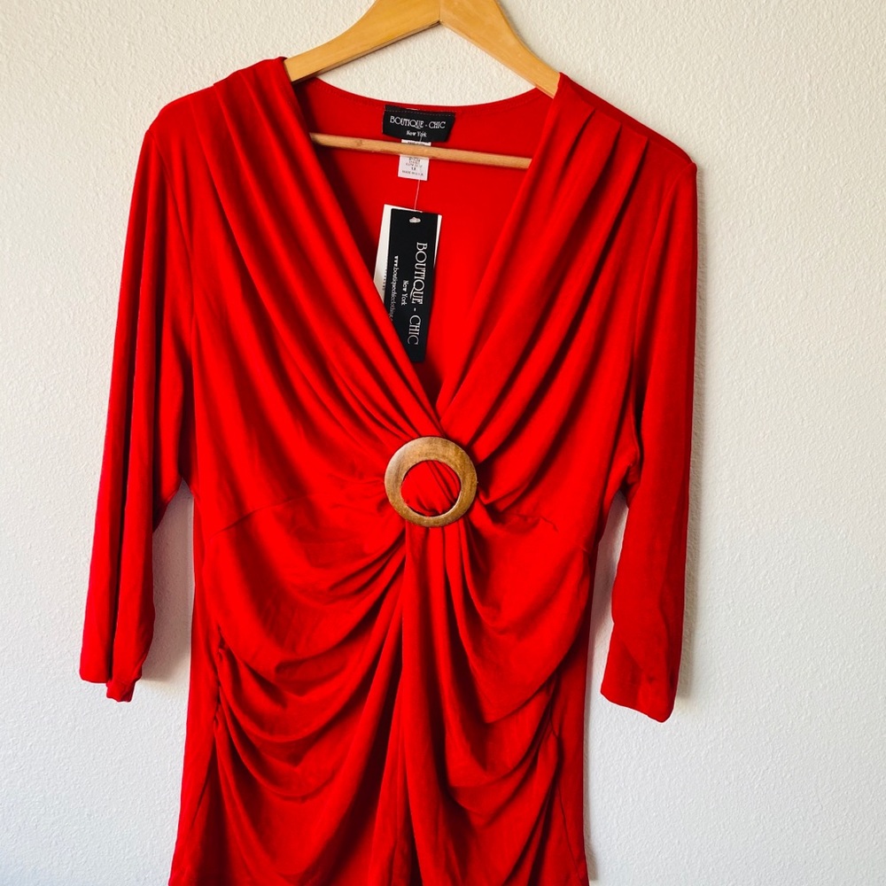 Boutique Chic Red V neck Blouse 1x NWT